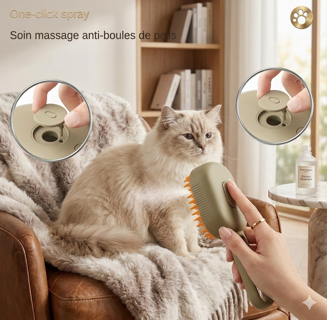 Brosse Vapeur Électrique 3-en-1 pour Chien et Chat – Spray Hydratant, Massage Doux et Élimination des Poils Morts et Nœuds