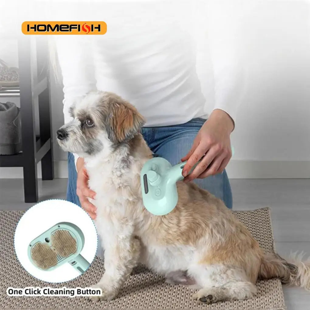 Femme qui toilette son chien avec la brosse vapeur PawlyAmigos — pelage brillant et soyeux